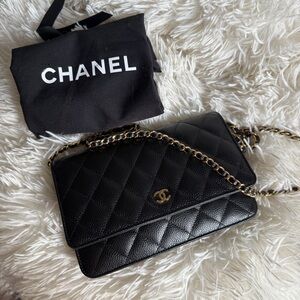 CHANEL Wallet on Chain Black Quilted Caviar Leather Gold Hardware Magnetic Flap